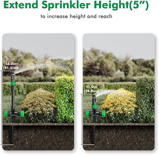 RESTMO Flexible Sprinkler System with Metal Spike Base, Above Ground DIY Irrigation Kit, Multi-Adjustable Lawn Sprinkler Set, Ideal for Plant and Flower Bed Watering, 30ft Garden Hose Included