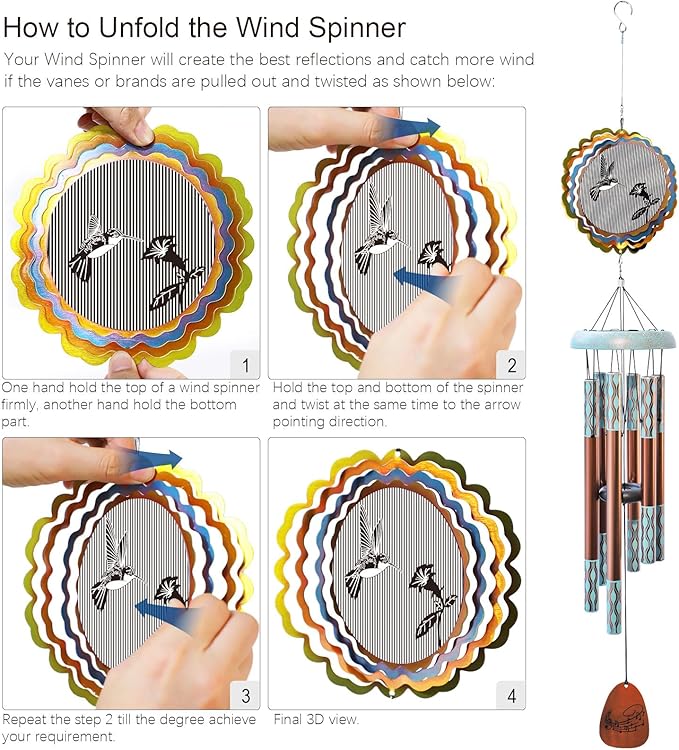 Wind Chimes for Outside with 3D Animations Hummingbird Wind Spinner,37" Memorial WindChimes Outdoor Hanging Decor,Hummingbird Gift for Women Mom Grandma Wife,Garden Ornaments