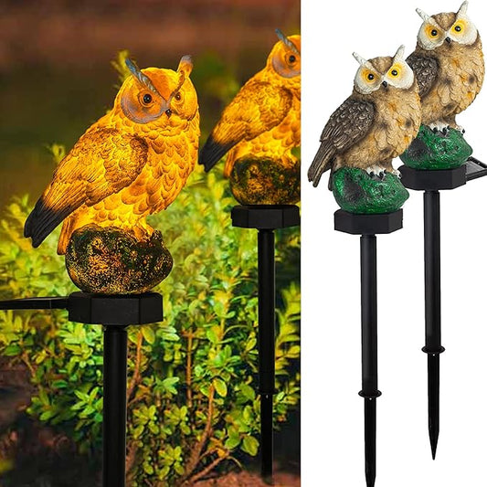 Dazzle Bright 2 Pack Owl Figure Solar LED Lights, Resin Garden Waterproof Decorations with Stake for Outdoor Yard Pathway Outside Patio Lawn Decor to Scare Birds Away, Gifts For Women, Owl Lovers