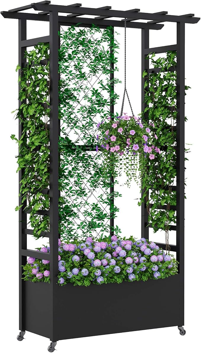 Raised Garden Bed with Trellis & Hanging Roof, Weatherproof Metal Planter Box with Wheels, Garden Arch Trellis for Outdoor Climbing Plants Vines Flowers, 74" H x 44" L x 17" W, Black