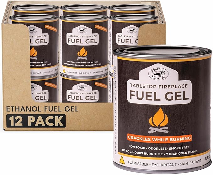 Superior Trading Co. Real Flame Gel Fuel Cans for Fireplace, Clean-Burning Ethanol Fuel Gel, Smoke-Free, 3-Hour Burn, Indoor Safe, 368g, 12 Pack