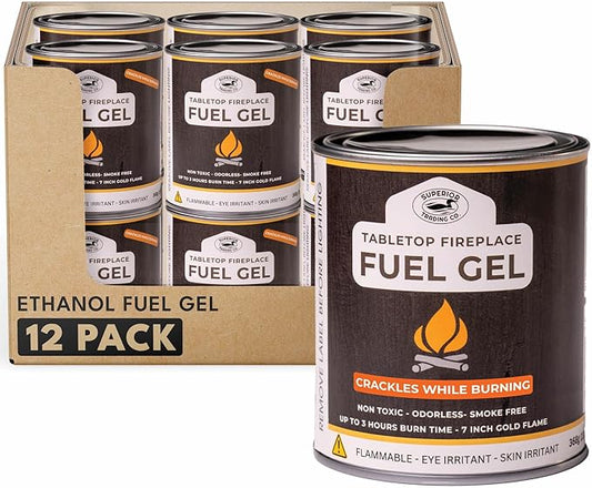 Superior Trading Co. Real Flame Gel Fuel Cans for Fireplace, Clean-Burning Ethanol Fuel Gel, Smoke-Free, 3-Hour Burn, Indoor Safe, 368g, 12 Pack