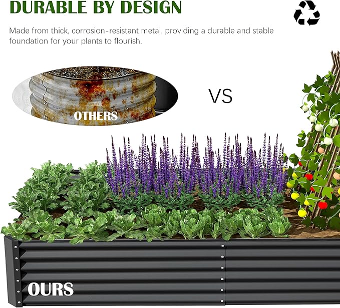 Domi 6x3x2ft Metal Raised Garden Beds Outdoor, Thickened Galvanized Steel Deep Root Planter Box with Stabilizing Bars & Rubber Edging for Vegetables, Flowers, Herbs - Dark Gray