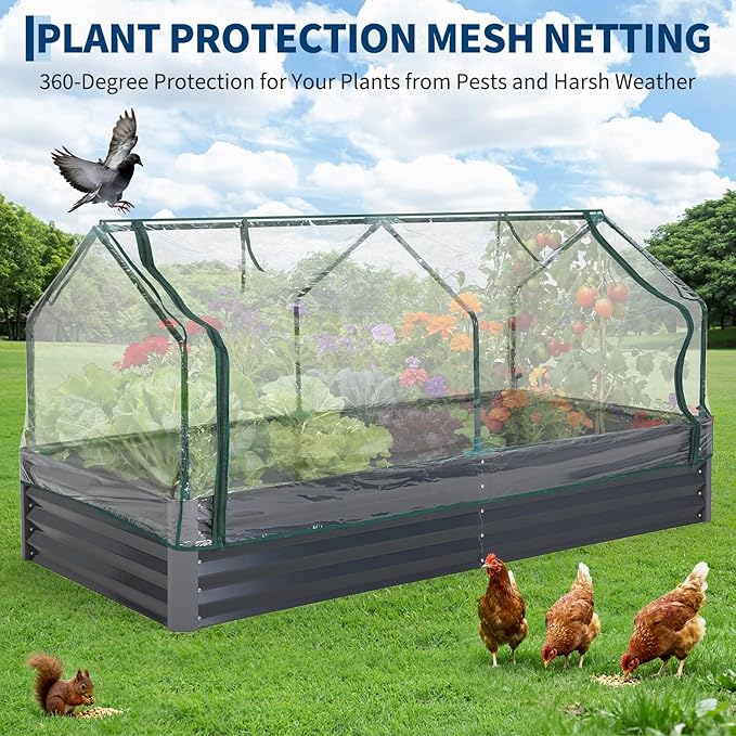 Galvanized Raised Garden Bed Kit with Cover Heavy-Duty Modular Metal Planter Raised Beds for Vegetables with Tool-Assisted Simple Assembly, Reinforced Panels & Optimal Drainage