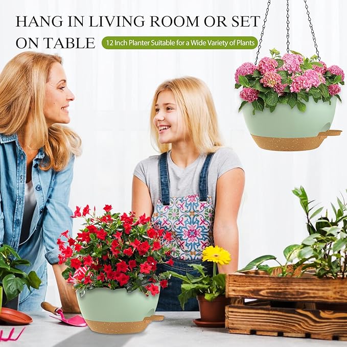 12 Inch Hanging Baskets 2 PC with Chains, Self-Watering Hanging Planters for Indoor Outdoor Plants, Plastic Hanging Flower Pots,Green Brown