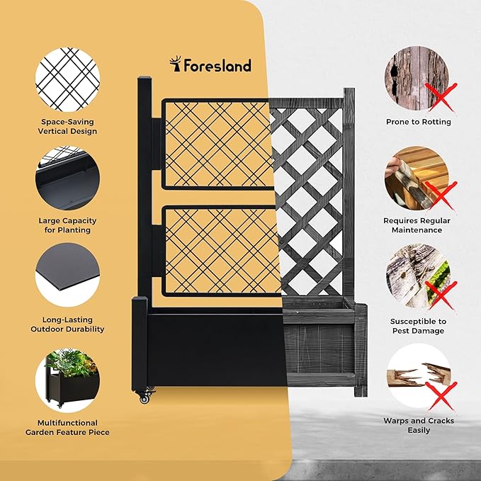 Metal Raised Garden Bed with Trellis, 50Hx38Wx14D Inch Compact Planter Box for Climbing Plants, Patio Balcony Garden, Privacy Screen with Wheels and Drainage Holes, Black