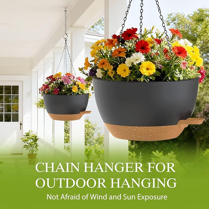 12 Inch Hanging Baskets 2 PC with Chains, Self-Watering Hanging Planters for Indoor Outdoor Plants, Plastic Hanging Flower Pots,Black Brown
