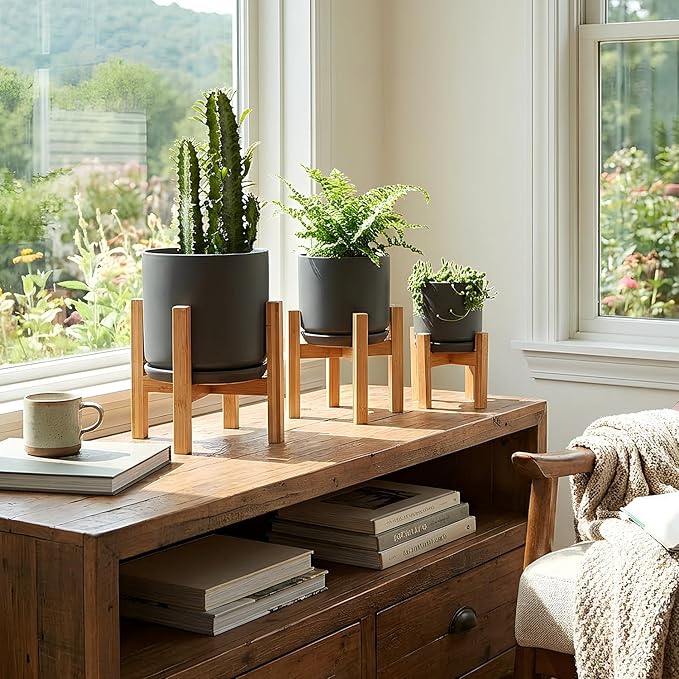 PLANTATOREM Ceramic 12 Inch Mid Modern Planter Pot with Drainage Hole and Saucer, Indoor Cylinder Round Flower Pot, Perfect for Planting Succulents, Herbs, Flowers, House Plants, Jet Grey