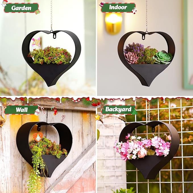 Metal Plant Hangers Indoor and Outdoor: Valentines Day Gifts for Her Wife Women Mom Garden Lovers Birthday - Heart Shape Hanging Planters for Window Wall Living Room Office Decor(Black)