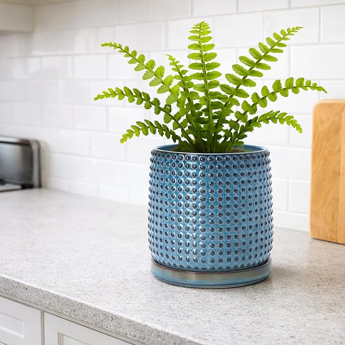 D'vine Dev 6 Inch Ceramic Beaded Stoneware Planter Pot - Flower Pot with Drainage Holes and Saucers for Indoor Succulent Plants or Flowers, Ocean Teal, 27-C-X-8