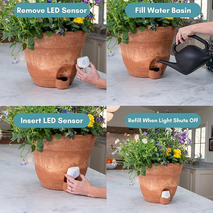 Bernini FirmaStone 15" Self-Watering Planters, Set of 2 – Durable Indoor/Outdoor Pots with Drainage Plug & Built-in Reservoir – Lightweight Garden Planters for Patio, Porch, Balcony (Green)