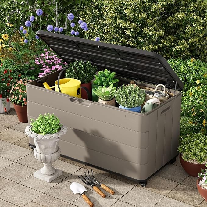 100GAL Square Storage Box (With Wheels) Grey，Wheeled Footlocker，Waterproof Resin Storage Bin for Patio Cushions