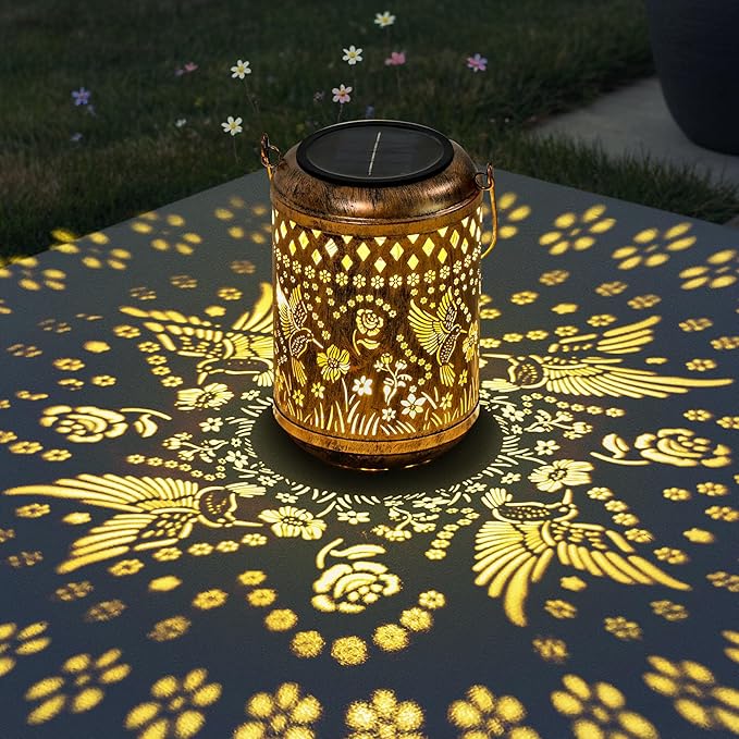 Hummingbird Gifts Outdoor Solar Lanterns, 2 Pack Garden Decor for Outside, Hanging Solar Lanterns Decorative Gifts for Women Birthday Unique Vintage Table Metal Lights for Yard, Patio, Balcony