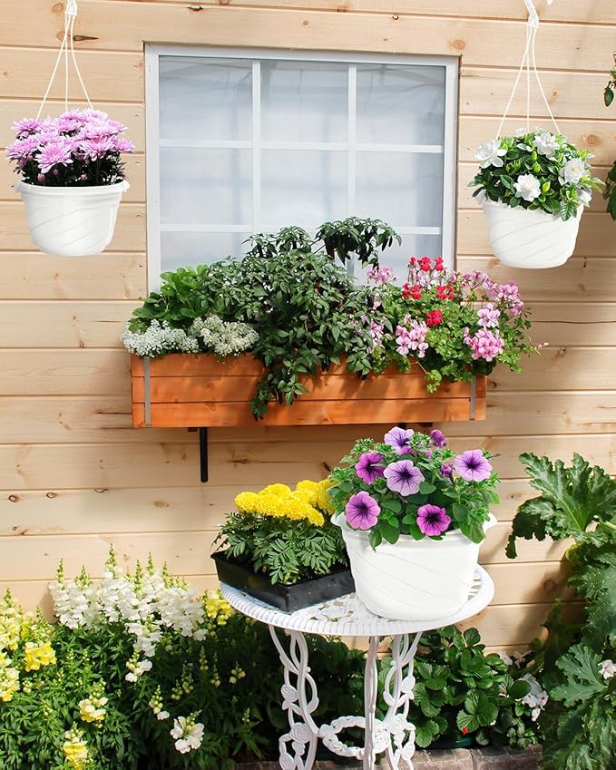 7inch Hanging Planters for Indoor Outdoor Plants,4 Pieces Plastic Hanging Flower Pots Chain Holder Garden Decoration,Round Plastic Hanging Baskets for Garden Porch Plants (Beige White)