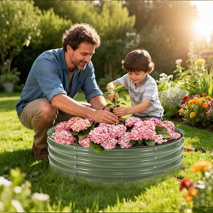 PeakPursuit 4X4x1Ft Galvanized Raised Garden Bed Kit, Metal Planter Box, Round Raised Beds with Open-Ended Base for Vegetables, Flowers, Herbs & Fruits