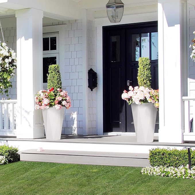 CABIHOME Set of 2 Large Tall Planter for Indoor or Outdoor,22.5" Self-Watering Diamond Planters with Water Level Monitor & Wheels for Garden, Front Porch, Patio, White