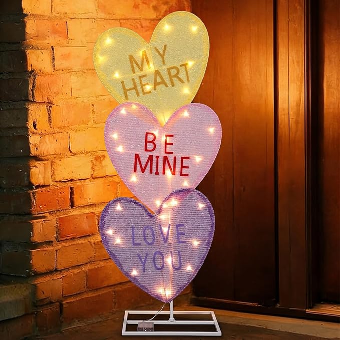 VIHOSE Valentine's Day Heart Lights 41 Inch H Pre-lit Lighted Heart Decor with 50 Warm White Lights Valentine's Day Conversation Candy Hearts Decoration for Indoor Outdoor Porch Garden Lawn (Vivid)