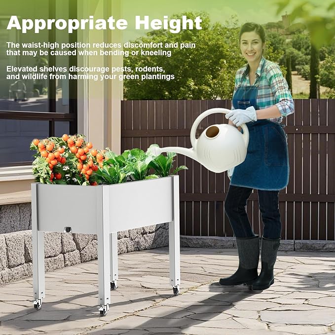 Elevated Raised Garden Bed with Legs,Outdoor Large Resin Patio Planter Box Stand Divisible with Drain Plug,Water Monitor for Plants Vegetables Flowers Fruits(Ashen)