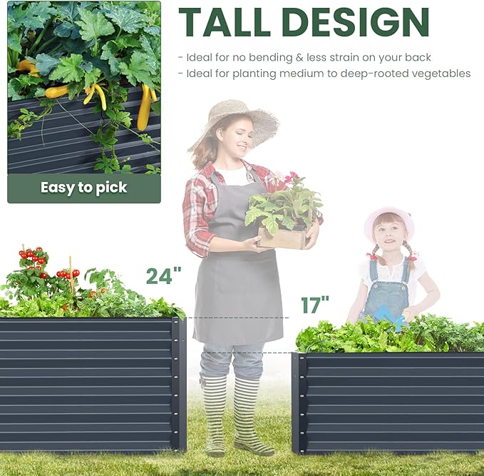 Galvanized Raised Garden Bed Box Planter for Outdoor Plants, 24" Extra Tall Metal Raised Garden Beds for Vegetables 72"X36"X24", Midnight Grey