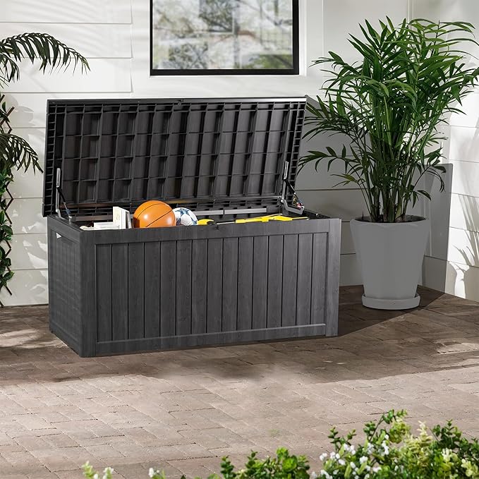 200 Gallon Lockable Resin Outdoor Storage Box, Waterproof & Weather Resistant Deck Box for Patio Cushion, Garden Tools & Pool Accessories, Black