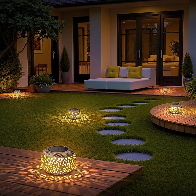 Solar Table Lanterns Outdoor Waterproof: 2 Pack LED Lamps for Patio - White Hollow-Out Metal Retro Solar Light Decor Gift for Women Mom Mothers Day Yard Garden Balcony Indoor Desk Tabletop Decorations