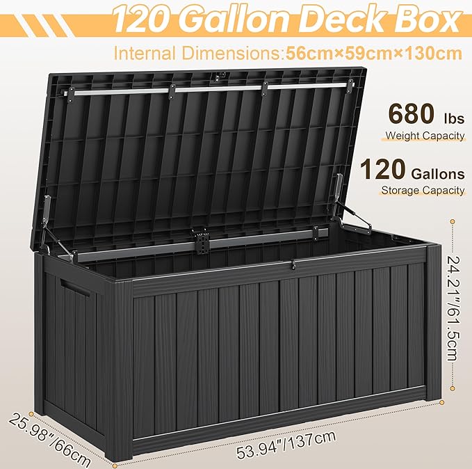 NBYSGO Outdoor Storage Box, Resin Deck Boxes Indoor and outdoor, Waterproof Storage Box Lockable Lid (Black, 120 Gallon)