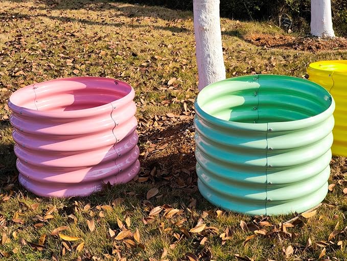 A ANLEOLIFE Kids Mini Raised Garden Beds Outdoor (4-Pack)-24x24x18in Round Galvanized Metal Planter Box for Planting Vegetables, Flowers, Fruits, Eco-Safe & Easy Setup, Blush Pink