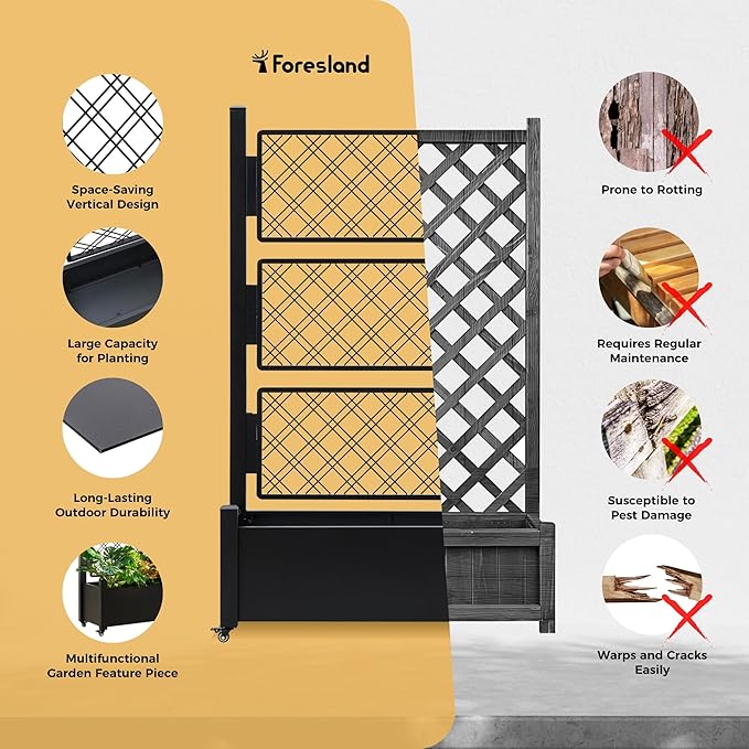 Metal Raised Garden Bed with Trellis, 72Hx46Wx16D Inch Large Outdoor Planter Box for Climbing Plants, Vegetables & Vines, Privacy Screen with Wheels and Drainage Holes, Black