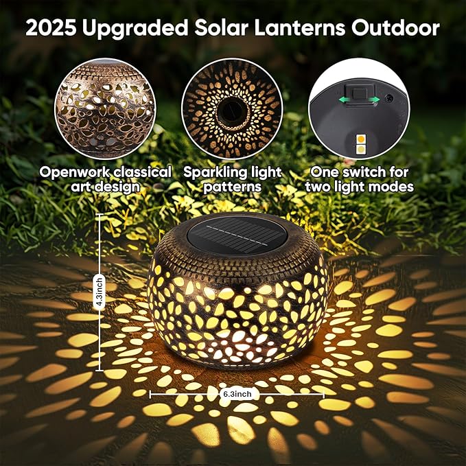 Solar Lanterns Waterproof Outdoor Decor: 2 Pack Hollow Out Retro Metal Solar Lights, Unique Gardening Gifts for Women Mom, Outside Garden Yard Porch Lawn Indoor Tabletop Decorations, 2 Lighting Colors