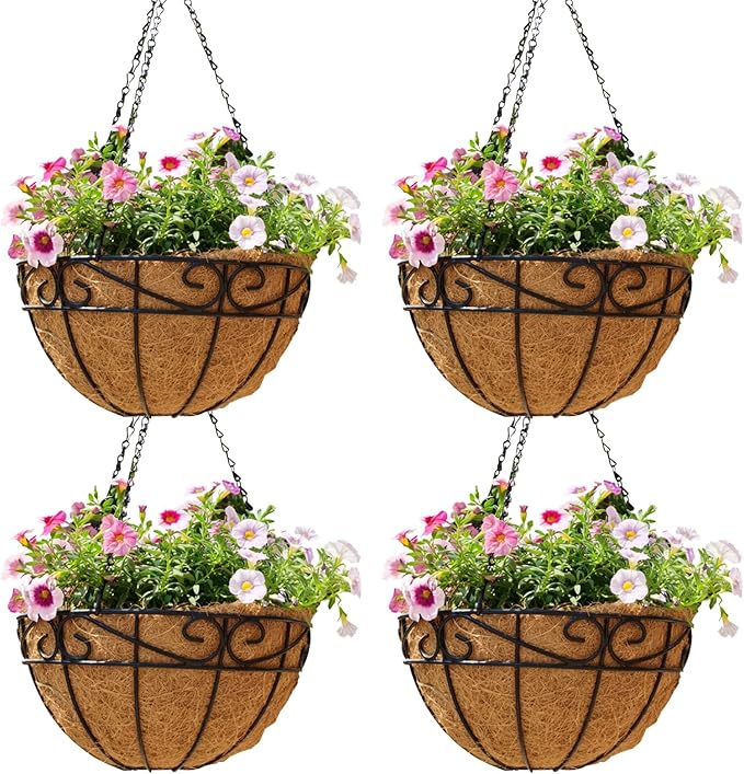 Outdoor Metal Hanging Planters Basket (4pack, 14 inch) Hanging Baskets for Plants Chain Round Wire Plant Holder with Coco Fiber Liners for Garden, Patio, Deck, Porch(Flower Border)