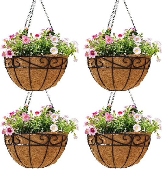 Outdoor Metal Hanging Planters Basket (4pack, 14 inch) Hanging Baskets for Plants Chain Round Wire Plant Holder with Coco Fiber Liners for Garden, Patio, Deck, Porch(Flower Border)