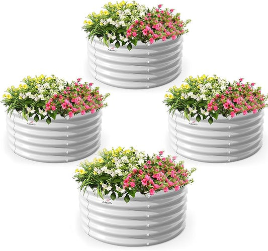 A ANLEOLIFE 4-Packs 4ft x 18” Tall Round Galvanized Raised Garden Beds Outdoor for Planting Vegetables Flowers Herb, Antique White