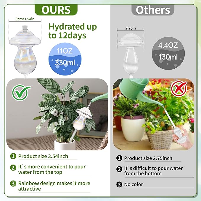 11 oz Up Large Plant Watering Globes, Self Watering Planter Insert, Glass Plant Watering Devices, Mushroom Self Watering Globes, Automatic Watering Bulbs for Indoor Outdoor Plants (Large 4-Pack)