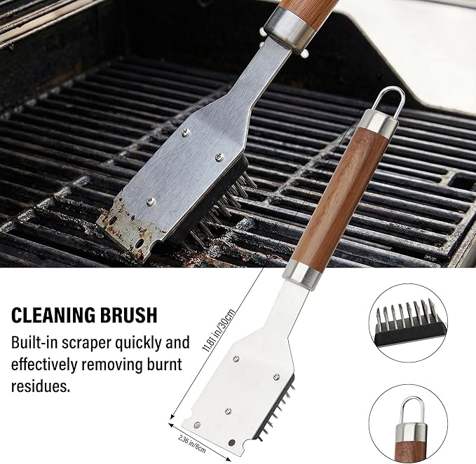 Yekale BBQ Grill Accessories Set, Grill Tools Grilling Accessories Grilling Gifts for Men - Spatula, Fork, Brush, Tongs & Cleaning Brush - Outdoor Barbecue Utensils Gifts for Men Dad Him (Wood)