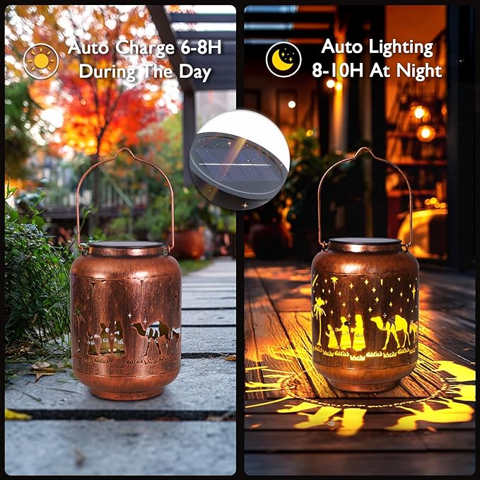 Homemory Christmaas Gifts for Women Mom Grandma, Solar Lanterns Christmas Nativity Scene Lights Outdoor Waterproof Garden Decor, LED Hanging Solar Lights for Yard, Patio, Porch