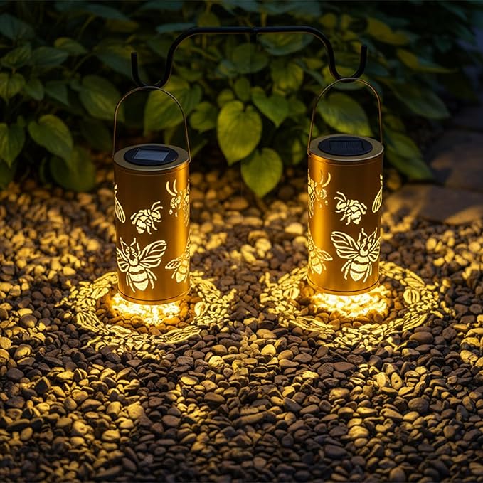 12.8" Large Size 2-Pack Outdoor Solar Lanterns Waterproof Metal Bee Patterns Garden Decor Gifts for Women Mom Grandma Hanging Solar Lanterns for Outside Yard, Patio, Backyard, Porch