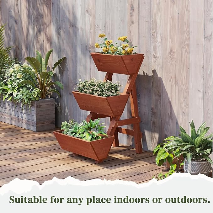 3-Tier Wooden Vertical Raised Garden Bed with Legs, Tiered Planter Box, Garden Planter, Garden Box, Wood Plant Stand Wood Flower Rack for Patio, Balcony, Freestanding. (Brick Red-Small)