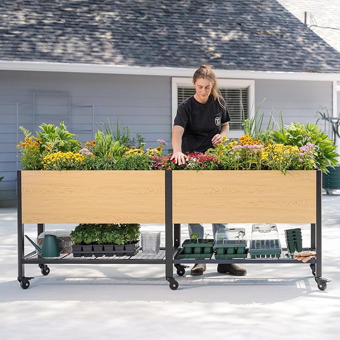 Rolling Elevated Garden Bed, 2' x 8' Metal Woodgrain Elevated Outdoor Planters Boxes with Legs & Storage Rack for Patio, 1800 lbs Weight Capacity, Raised Beds for Gardening Herb Flowers Vegetables