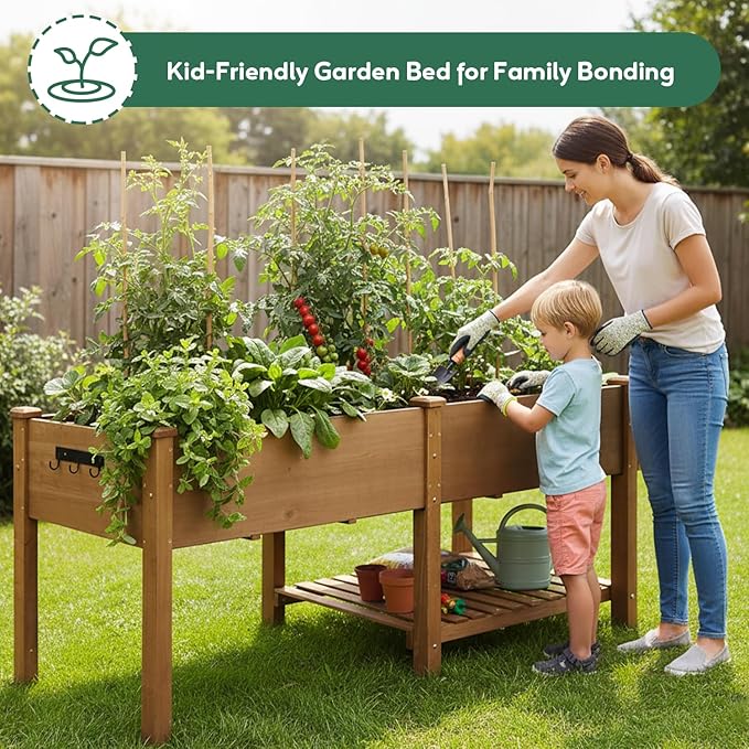 PetsCosset Raised Garden Bed, Storage Shelf, Protective Liner, Table Ledge,Outdoor Garden Bed with Legs for Vegetable, Herb, and Flower Cultivation-Brown (Extension)