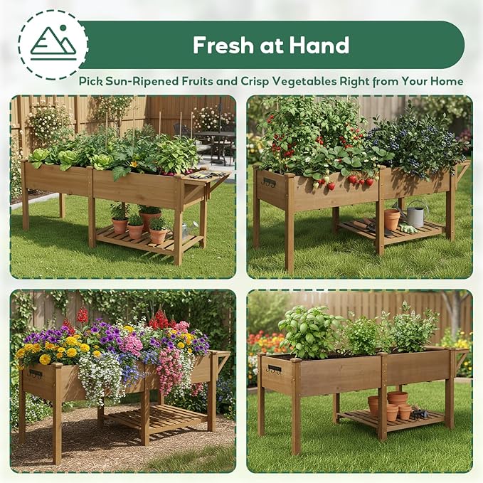 PetsCosset Raised Garden Bed, Storage Shelf, Protective Liner, Table Ledge,Outdoor Garden Bed with Legs for Vegetable, Herb, and Flower Cultivation-Brown (Extension)