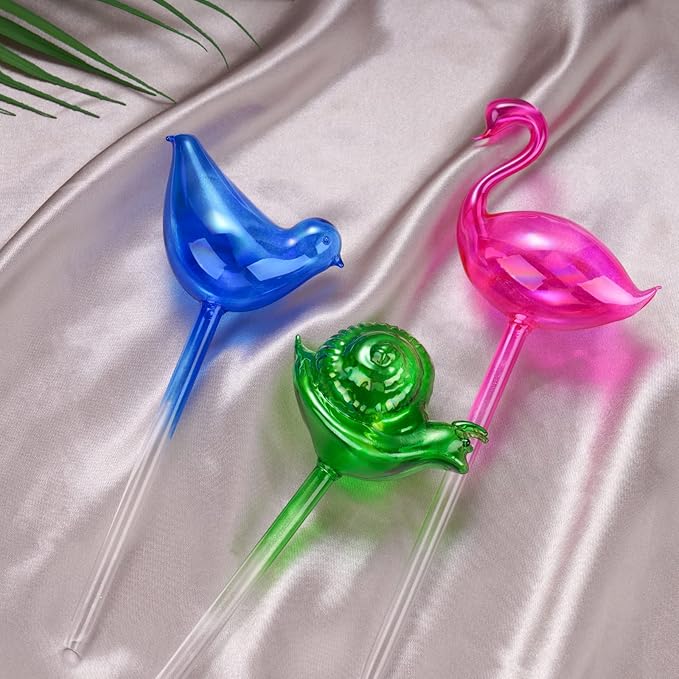 NiHome Spike Self-Watering Bulb 3PCS 10" Iridescent Pearl Hand-Blown Glass Globe Pot Plant Waterer Home Indoor Outdoor Garden Patio Hanging Flower Automatic Irrigation System (Swan, Snail & Bird)