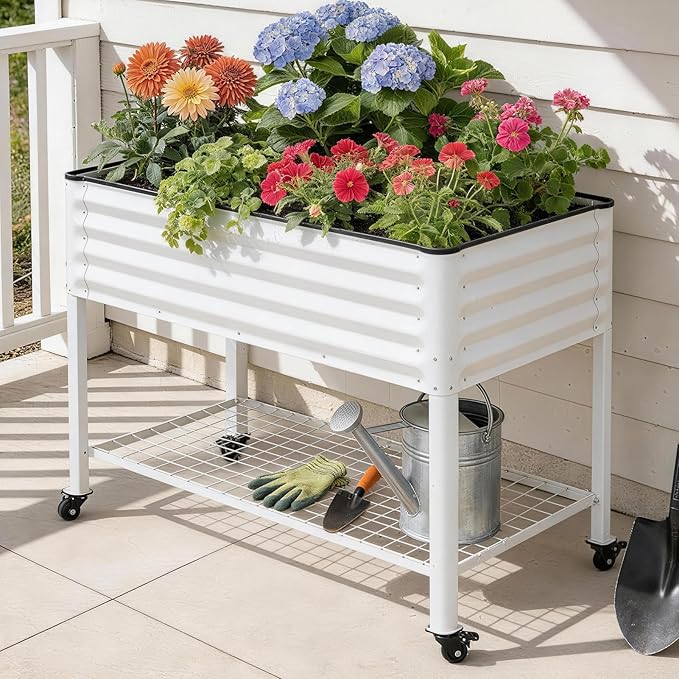 STBoo Elevated Raised Garden Bed with Legs and Wheels- 48''x24''x32'' Galvanized Metal Standing Planter Boxes Outdoor with Bottom Storage Shelf for Backyard, Patio, Balcony, Vegetables, Flowers, White