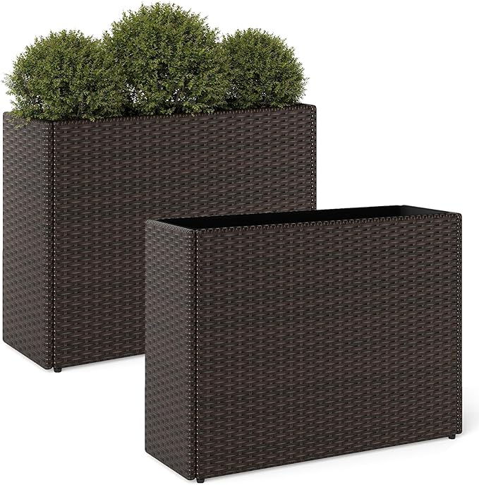 Giantex Set of 2 Wicker Raised Garden Bed, 32”x11”x24”, Rectangular Garden Planter Box w/PE Rattan, Liner Fabric, Wicker Patio Elevated Raised Bed for Vegetable Flower Herb Porch Balcony