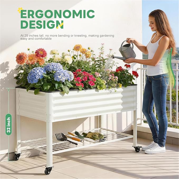 STBoo Elevated Raised Garden Bed with Legs and Wheels- 48''x24''x32'' Galvanized Metal Standing Planter Boxes Outdoor with Bottom Storage Shelf for Backyard, Patio, Balcony, Vegetables, Flowers, White
