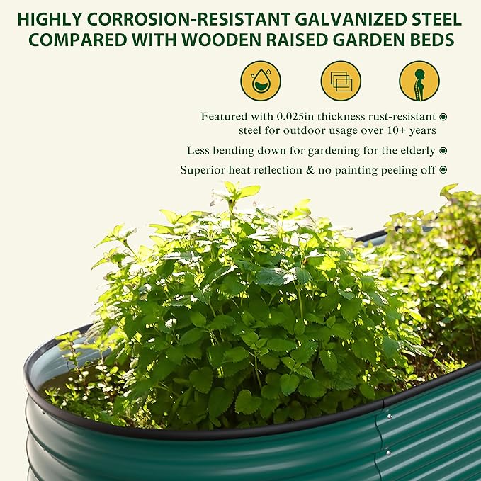 MUPATER 8x2FT Outdoor Raised Garden Bed, 9-in-1 Galvanized Metal Planter Box for Vegetables, 11.1'' H Modular Garden Bed Kit Oval for Herbs and Flowers, Green
