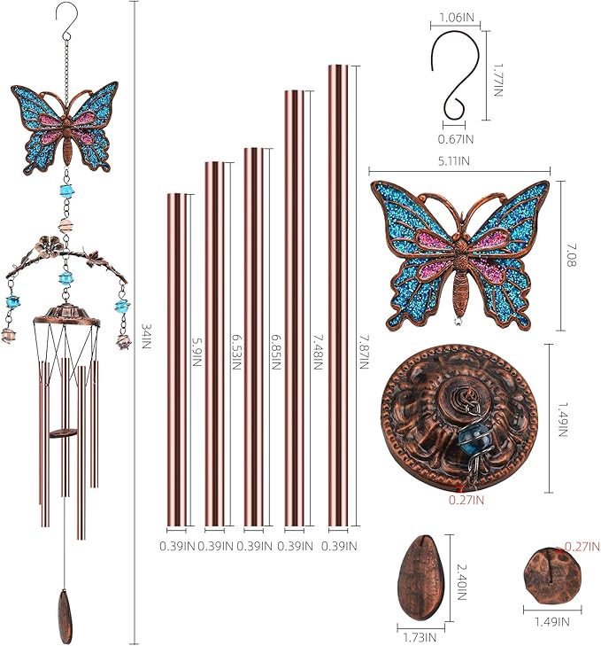 Blue Butterfly Wind Chimes - Wind Chimes for Outside Deep Tone 34 inches 5 Aluminum Tubes, Thanksgiving, Christmas, Birthday Gifts for Mom, Grandma, Daughter, Decor for Home, Garden, Patio, Backyard