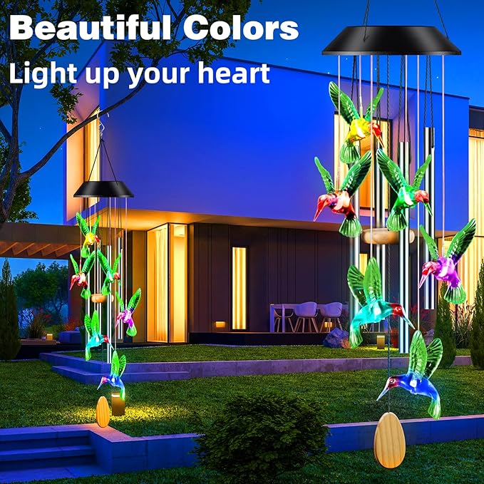 Wind Chimes,Hummingbird Solar Wind Chimes for Outside,Aluminum Tubes Memorial Wind Bell for Garden/Patio Decor Thanksgiving Gifts for Mom, Wife, Grandma Neighbors(25 Inch Deep Tone)