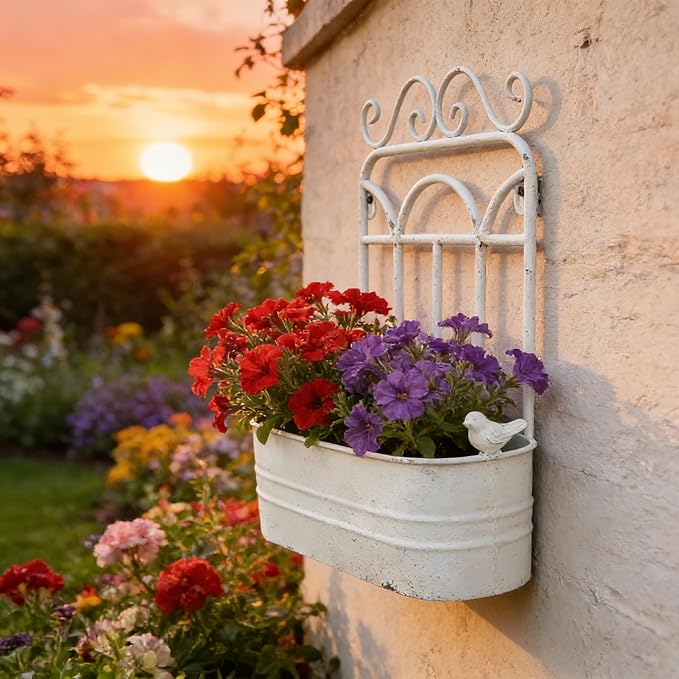 Rustic Metal Wall Planter Vintage Wall Mounted Flower Pot Distressed Wall Hanging Plant Basket Farmhouse Wall Decor for Indoor Outdoor Garden Home Yard (White)