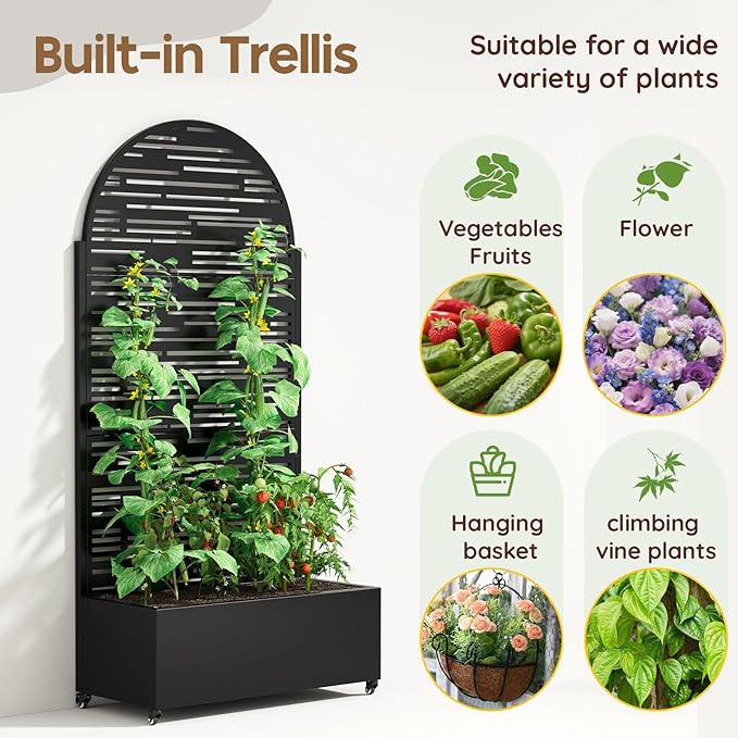 Metal Planter with Trellis& Wheels 72" x 35"x 15.7" Raised Garden Bed with Trellis,Privacy Planters for Patio,Garden Bed for Climbing Plants,Suitable for Climbing Plants and Vegetables,Black