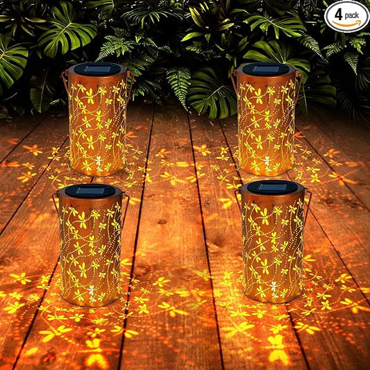 4 Pack Solar Lanterns Outdoor Hanging Lantern Lights, Dragonfly Hollowed-Out Metal Decor Lantern, Waterproof LED Decorative Garden Light - Delicate Garden Decoration for Patio, Yard